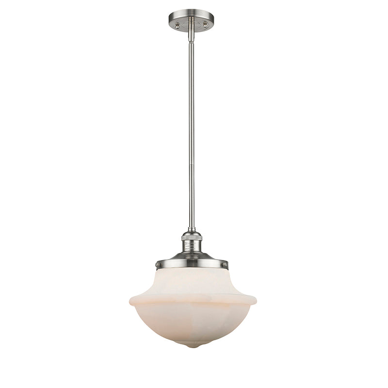 Oxford Mini Pendant shown in the Brushed Satin Nickel finish with a Matte White shade