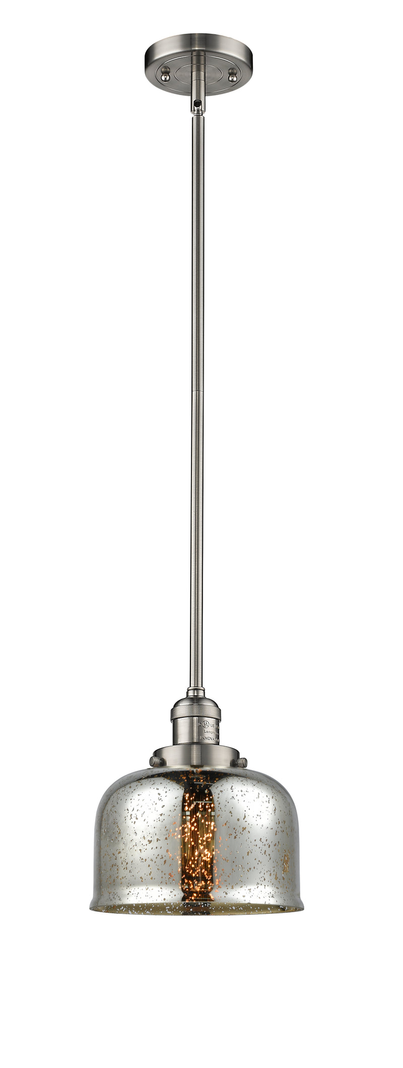 Innovations Lighting Large Bell 1-100 watt 8 inch Brushed Satin Nickel Mini Pendant with Silver Plated Mercury glass and Solid Brass Hang Straight Swivel 201SSNG78