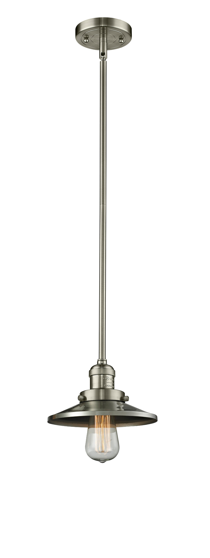 Innovations Lighting Railroad 1-100 watt 8 inch Brushed Satin Nickel Mini Pendant with Brushed Satin Nickel Railroad shades and Solid Brass Hang Straight Swivel 201SSNM2