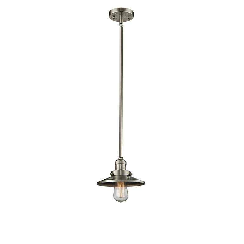 Railroad Mini Pendant shown in the Brushed Satin Nickel finish with a Brushed Satin Nickel shade