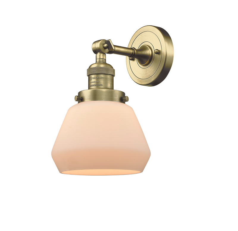 Innovations Lighting Fulton 1-100 watt 7 inch Antique Brass Sconce with Matte White Cased glass and Solid Brass 180 Degree Adjustable Swivel With Engraved Cast Cup 203ABG171