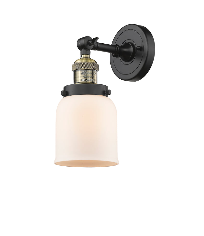 Innovations Lighting Small Bell 1-100 watt 5 inch Black Antique Brass Sconce with Matte White Cased glass and Solid Brass 180 Degree Adjustable Swivel With Engraved Cast Cup 203BABG51