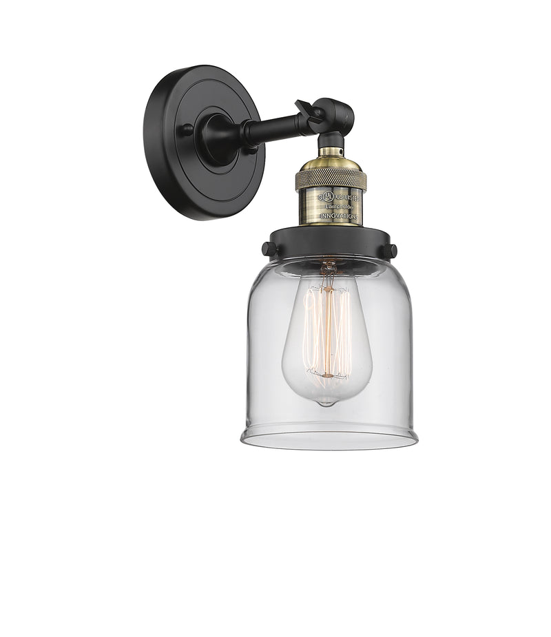 Innovations Lighting Small Bell 1-100 watt 5 inch Black Antique Brass Sconce with Clear glass and Solid Brass 180 Degree Adjustable Swivel With Engraved Cast Cup 203BABG52