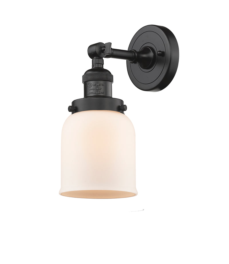 Innovations Lighting Small Bell 1-100 watt 5 inch Oil Rubbed Bronze Sconce with Matte White Cased glass and Solid Brass 180 Degree Adjustable Swivel With Engraved Cast Cup 203OBG51