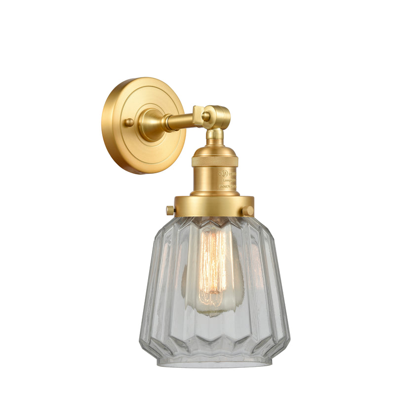 Chatham Sconce shown in the Satin Gold finish with a Clear shade