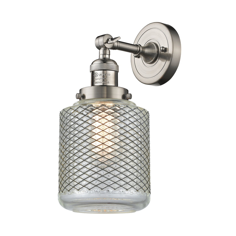 Stanton Sconce shown in the Brushed Satin Nickel finish with a Clear Wire Mesh shade