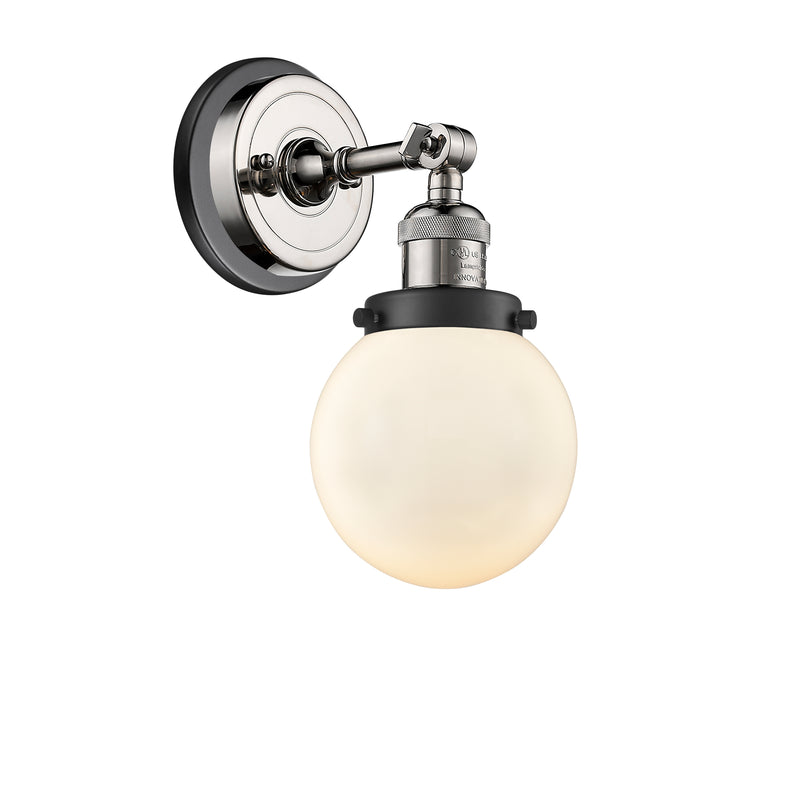 Beacon Sconce shown in the Polished Nickel finish with a Matte White shade