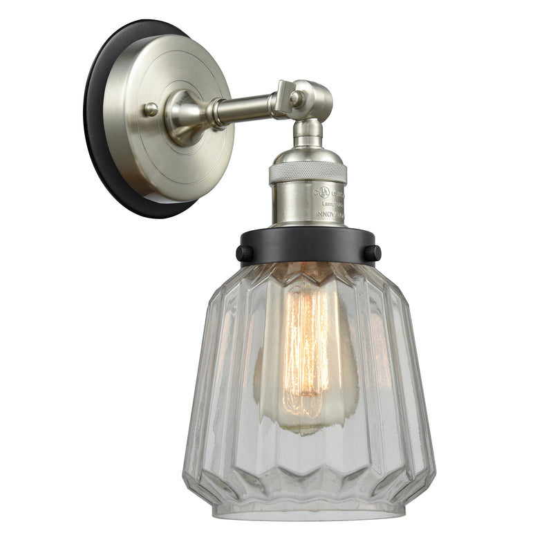 Chatham Sconce shown in the Brushed Satin Nickel finish with a Clear shade