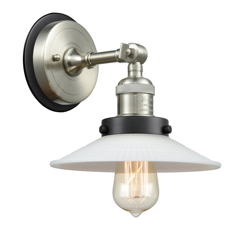 Halophane Sconce shown in the Brushed Satin Nickel finish with a Matte White Halophane shade