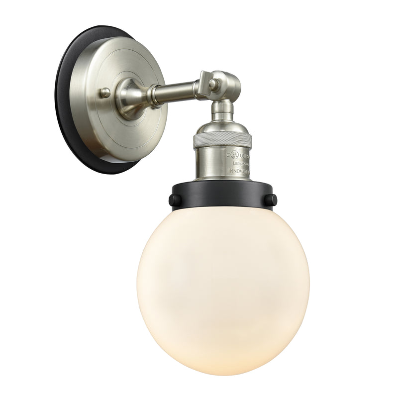 Beacon Sconce shown in the Brushed Satin Nickel finish with a Matte White shade