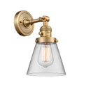 Innovations Lighting Small Cone 1-100 watt 6 inch Brushed Brass Sconce with Clear glass and Solid Brass 180 Degree Adjustable Swivel With Engraved Cast Cup Includes a "High-Low-Off" Switch. 203SWBBG62