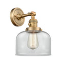 Innovations Lighting Large Bell 1-100 watt 8 inch Brushed Brass Sconce with Clear glass and Solid Brass 180 Degree Adjustable Swivel With Engraved Cast Cup Includes a "High-Low-Off" Switch. 203SWBBG72