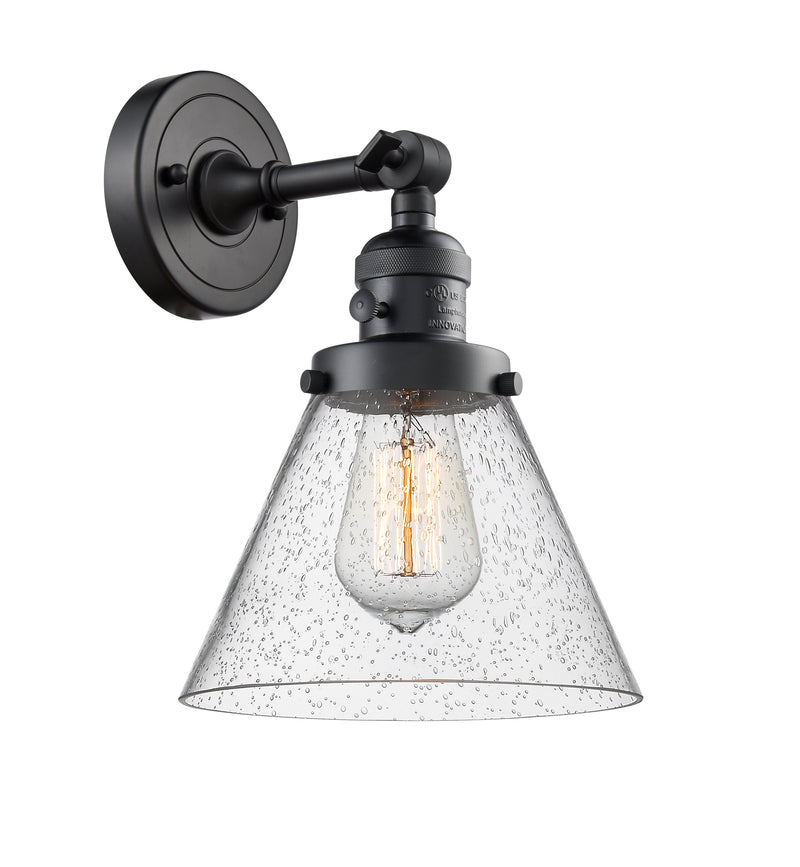 Innovations Lighting Large Cone 1-100 watt 8 inch Black Sconce with Seedy glass and Solid Brass 180 Degree Adjustable Swivel With Engraved Cast Cup Includes a "High-Low-Off" Switch. 203SWBKG44