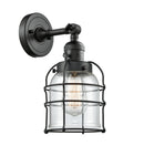 Innovations Lighting Small Bell Cage 1-100 watt 8 inch Black Sconce with Clear glass and Solid Brass 180 Degree Adjustable Swivel With Engraved Cast Cup Includes a "High-Low-Off" Switch. 203SWBKG52CE