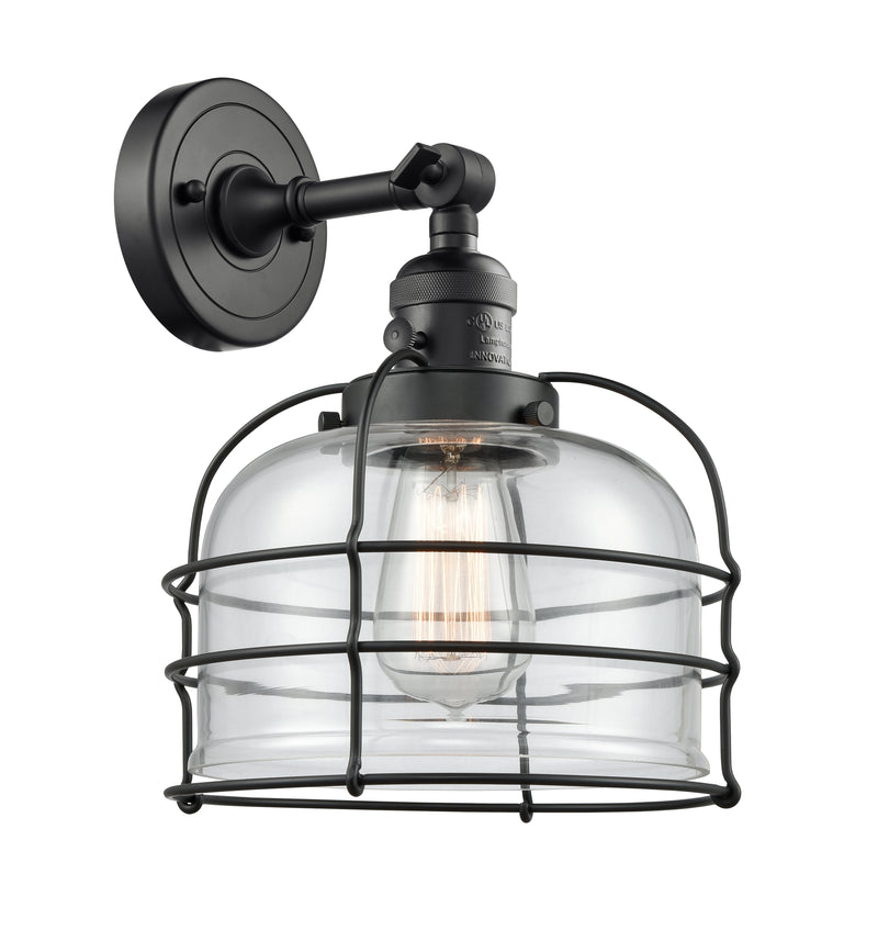 Innovations Lighting Large Bell Cage 1-100 watt 8 inch Black Sconce with Clear glass and Solid Brass 180 Degree Adjustable Swivel With Engraved Cast Cup Includes a "High-Low-Off" Switch. 203SWBKG72CE