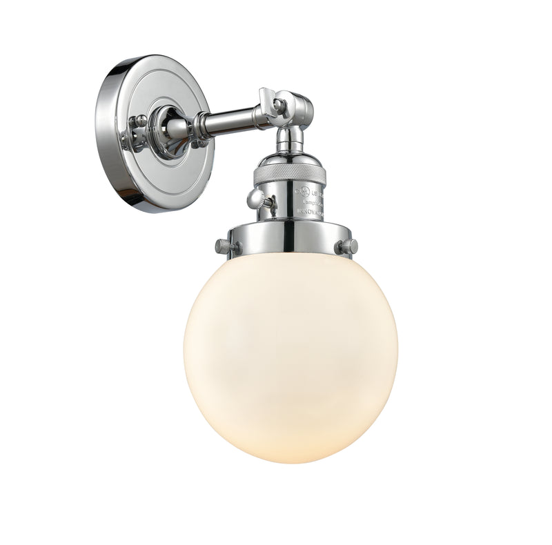 Innovations Lighting Beacon 1-100 watt 6 inch Polished Chrome Sconce with Matte White Cased glass and Solid Brass 180 Degree Adjustable Swivel With Engraved Cast Cup Includes a "High-Low-Off" Switch. 203SWPCG2016