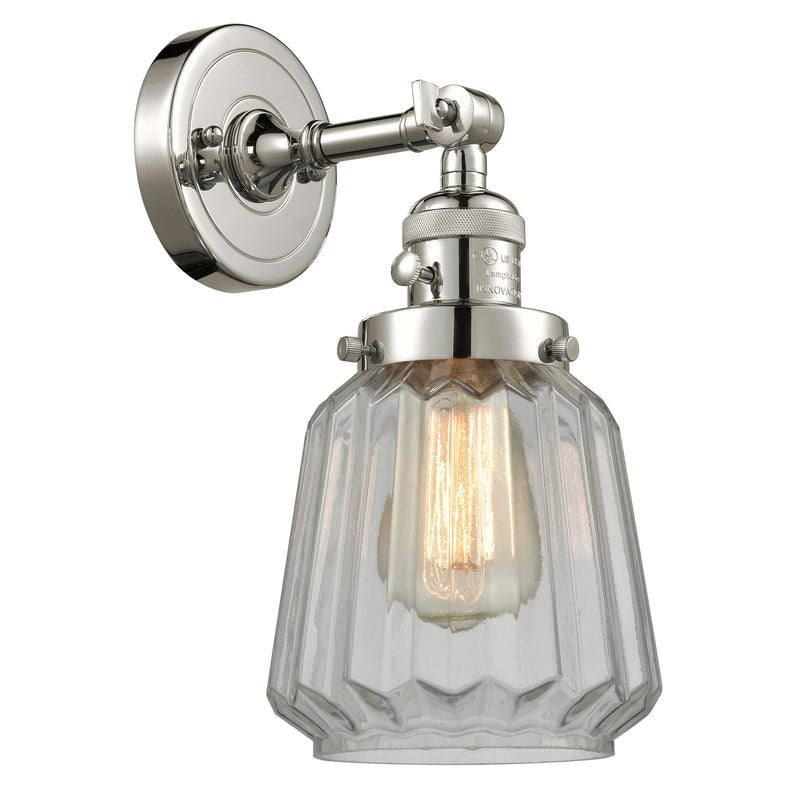 Chatham Sconce shown in the Polished Nickel finish with a Clear shade