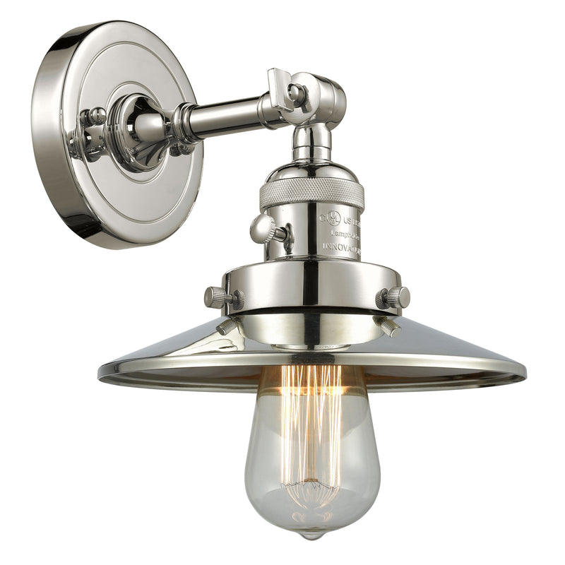 Railroad Sconce shown in the Polished Nickel finish with a Polished Nickel shade