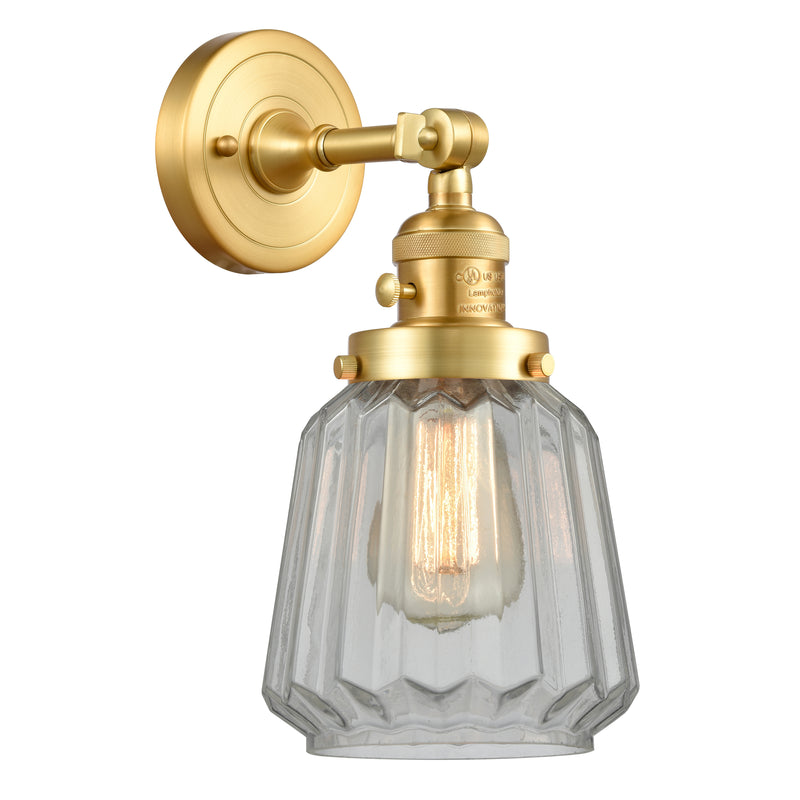 Chatham Sconce shown in the Satin Gold finish with a Clear shade