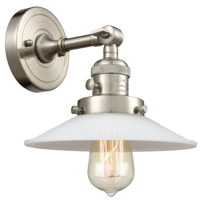 Halophane Sconce shown in the Brushed Satin Nickel finish with a Matte White Halophane shade