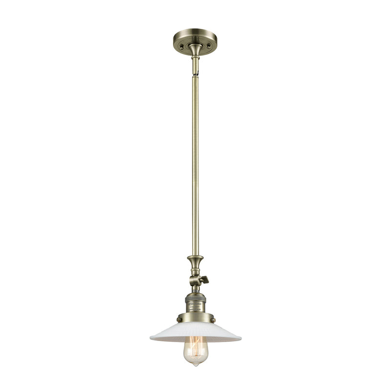 Halophane Mini Pendant shown in the Antique Brass finish with a Matte White Halophane shade