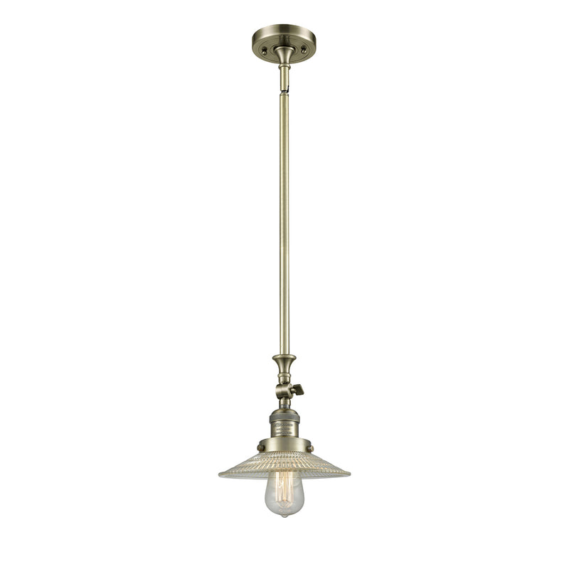 Halophane Mini Pendant shown in the Antique Brass finish with a Clear Halophane shade