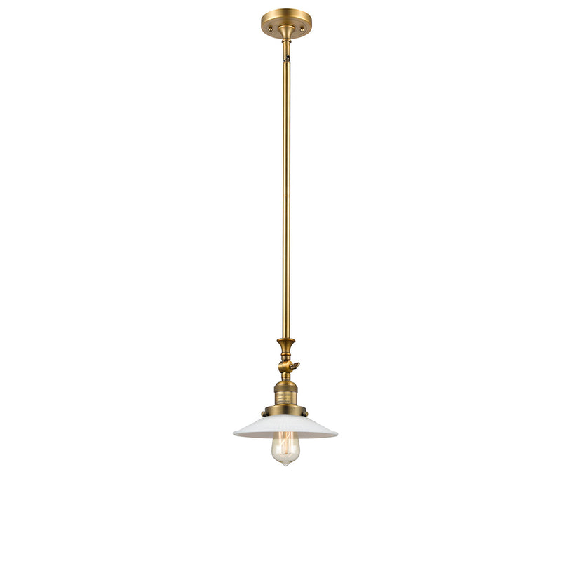 Halophane Mini Pendant shown in the Brushed Brass finish with a Matte White Halophane shade