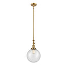 Beacon Mini Pendant shown in the Brushed Brass finish with a Seedy shade