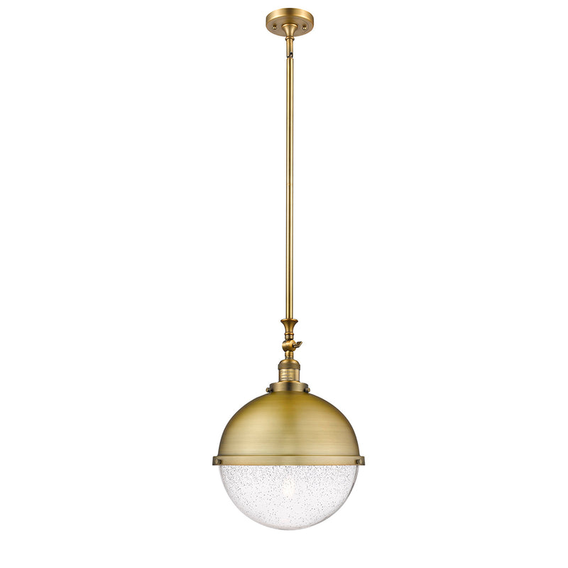 Hampden Pendant shown in the Brushed Brass finish with a Seedy shade