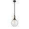 Beacon Mini Pendant shown in the Matte Black finish with a Seedy shade