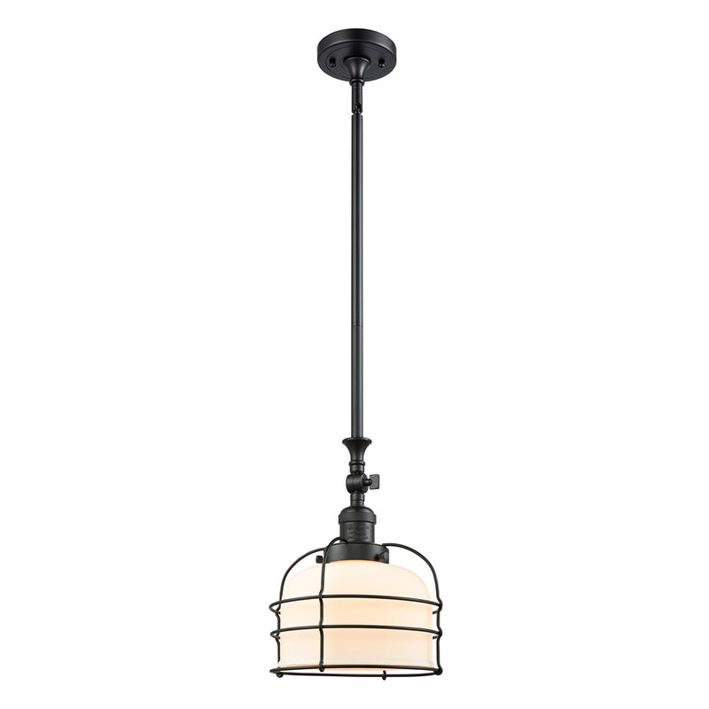 Bell Cage Mini Pendant shown in the Matte Black finish with a Matte White shade