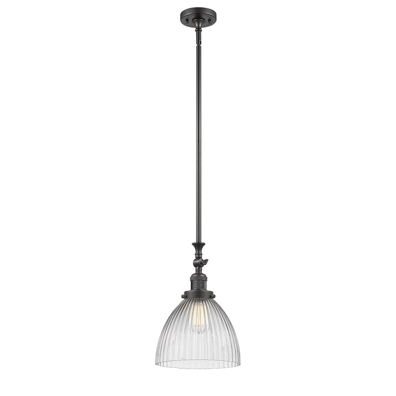 Seneca Falls Mini Pendant shown in the Oil Rubbed Bronze finish with a Clear Halophane shade