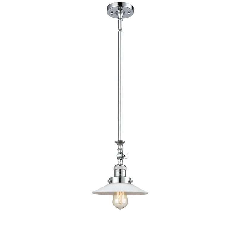 Halophane Mini Pendant shown in the Polished Chrome finish with a Matte White Halophane shade