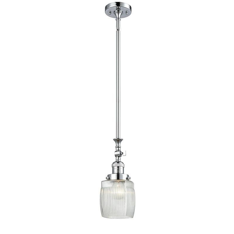 Colton Mini Pendant shown in the Polished Chrome finish with a Clear Halophane shade