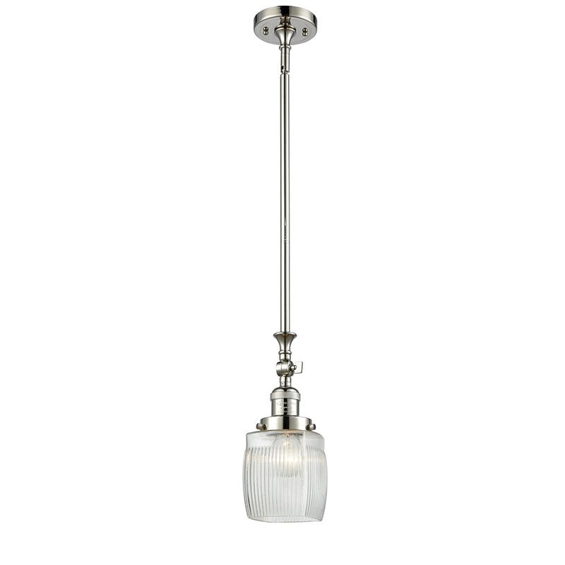 Colton Mini Pendant shown in the Polished Nickel finish with a Clear Halophane shade