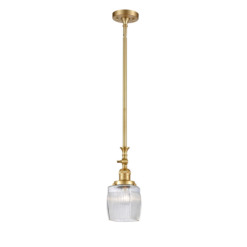 Colton Mini Pendant shown in the Satin Gold finish with a Clear Halophane shade