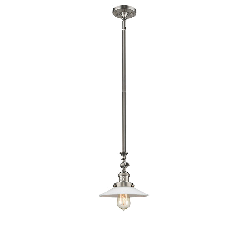 Halophane Mini Pendant shown in the Brushed Satin Nickel finish with a Matte White Halophane shade