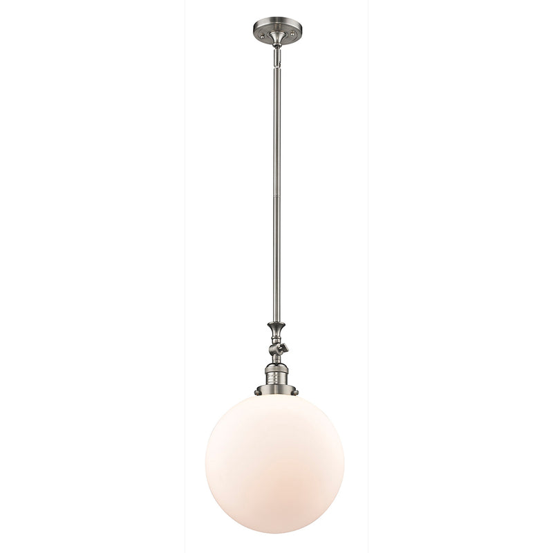 Beacon Mini Pendant shown in the Brushed Satin Nickel finish with a Matte White shade