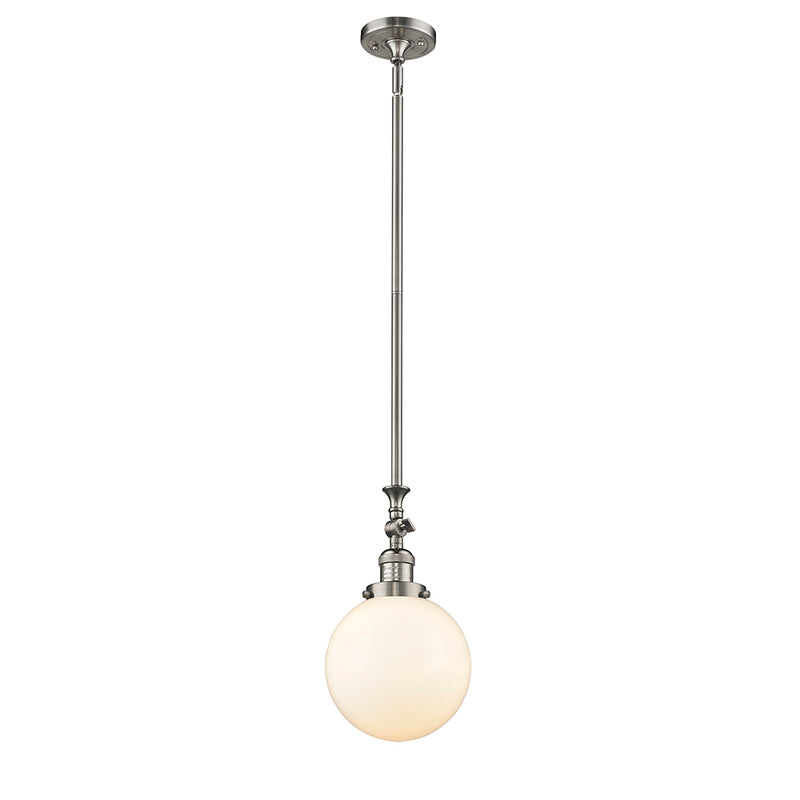 Beacon Mini Pendant shown in the Brushed Satin Nickel finish with a Matte White shade