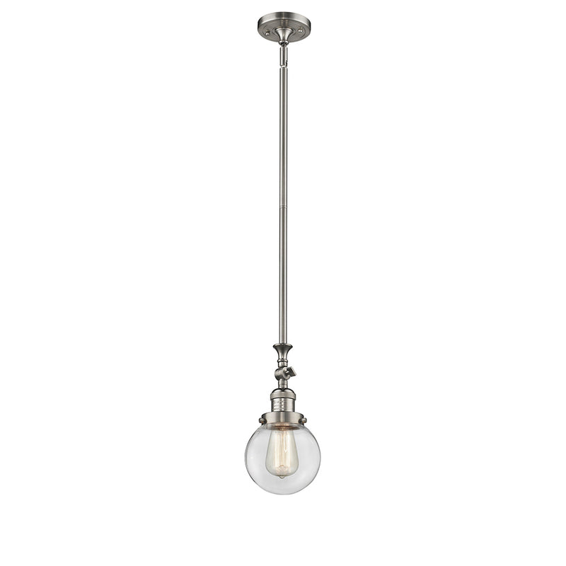 Beacon Mini Pendant shown in the Brushed Satin Nickel finish with a Clear shade