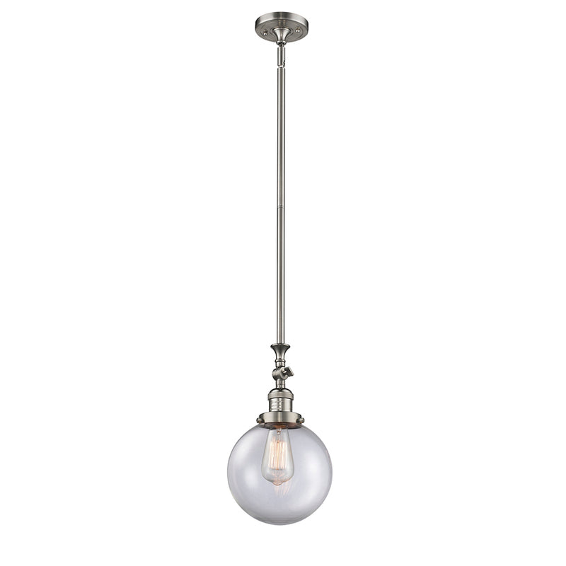 Beacon Mini Pendant shown in the Brushed Satin Nickel finish with a Clear shade