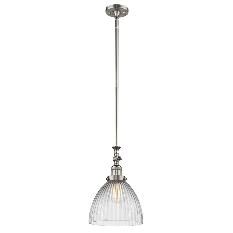 Seneca Falls Mini Pendant shown in the Brushed Satin Nickel finish with a Clear Halophane shade