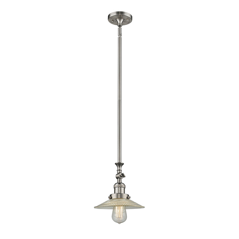 Halophane Mini Pendant shown in the Brushed Satin Nickel finish with a Clear Halophane shade