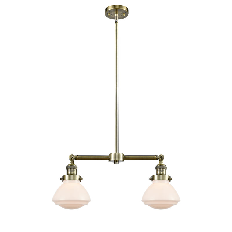 Olean Island Light shown in the Antique Brass finish with a Matte White shade