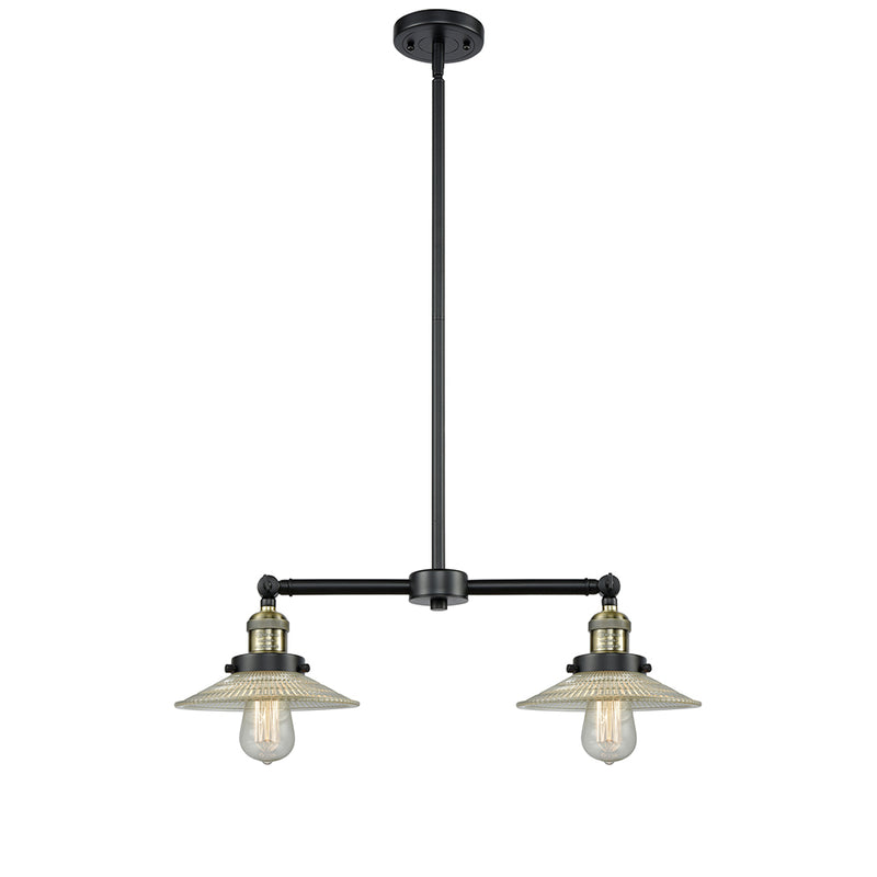 Halophane Island Light shown in the Black Antique Brass finish with a Clear Halophane shade