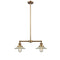 Halophane Island Light shown in the Brushed Brass finish with a Clear Halophane shade