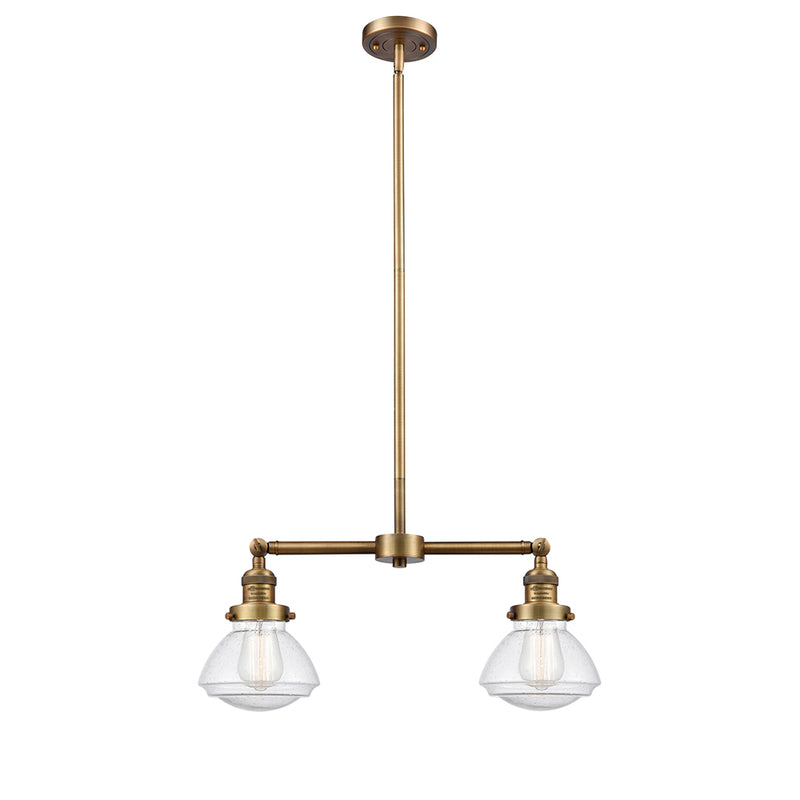 Olean Island Light shown in the Brushed Brass finish with a Seedy shade