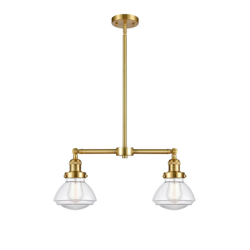 Olean Island Light shown in the Satin Gold finish with a Clear shade