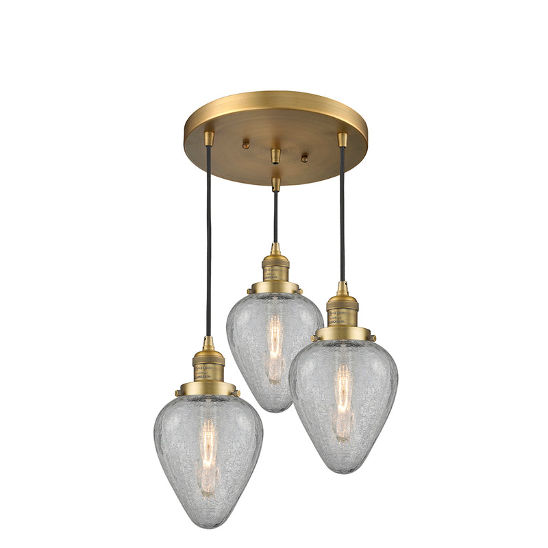 Geneseo Multi-Pendant shown in the Brushed Brass finish with a Clear Crackled shade