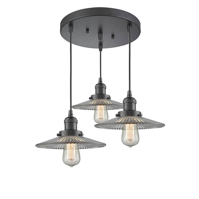 Halophane Multi-Pendant shown in the Oil Rubbed Bronze finish with a Clear Halophane shade